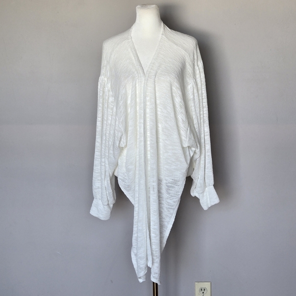 Stitch + Feather Tie Front Cardigan Balloon Sleeves Gauzy Layering Boho Sweater - Picture 4 of 12